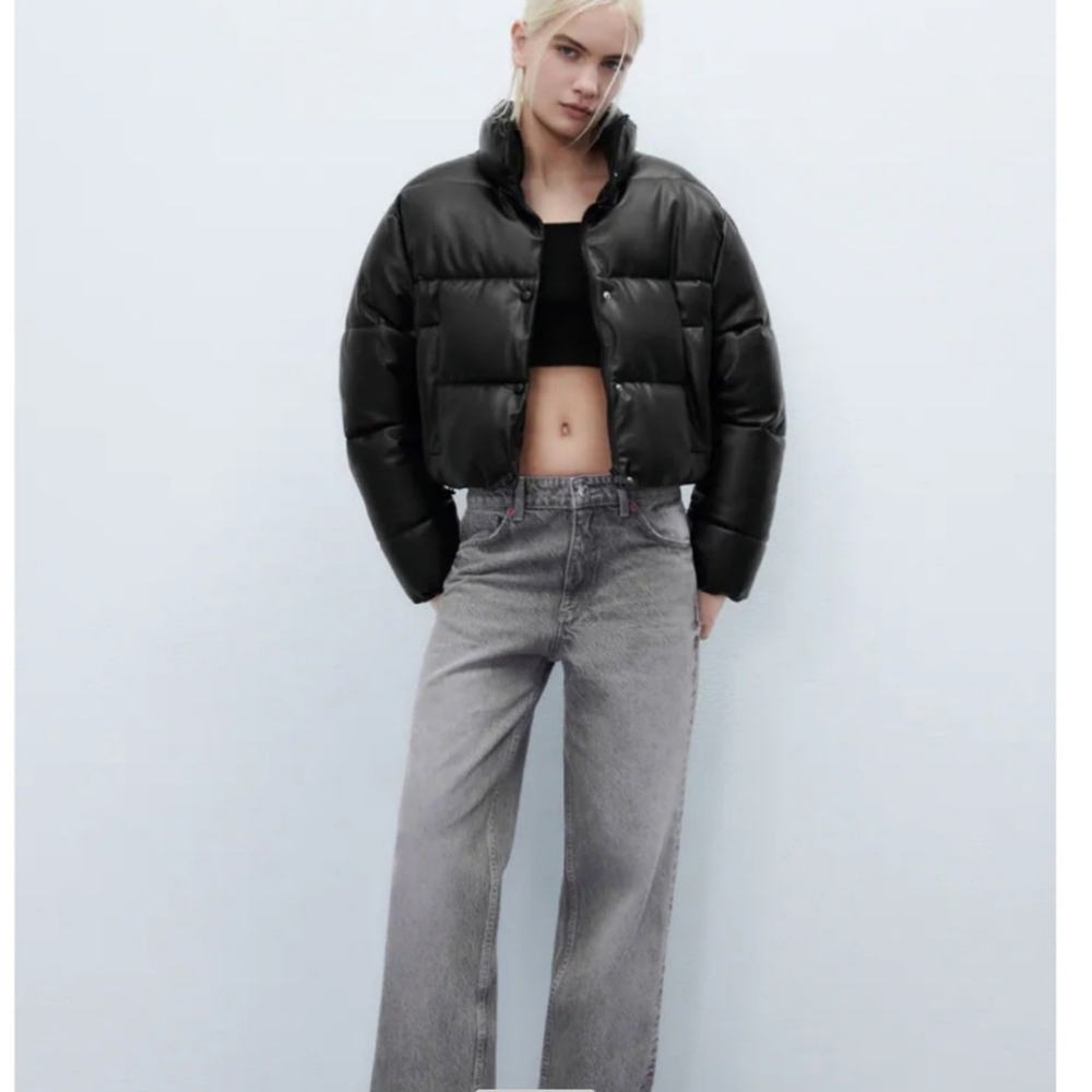 NW ZARA BLACK FAUX LEATHER PUFFER JACKET - Picture 8 of 14